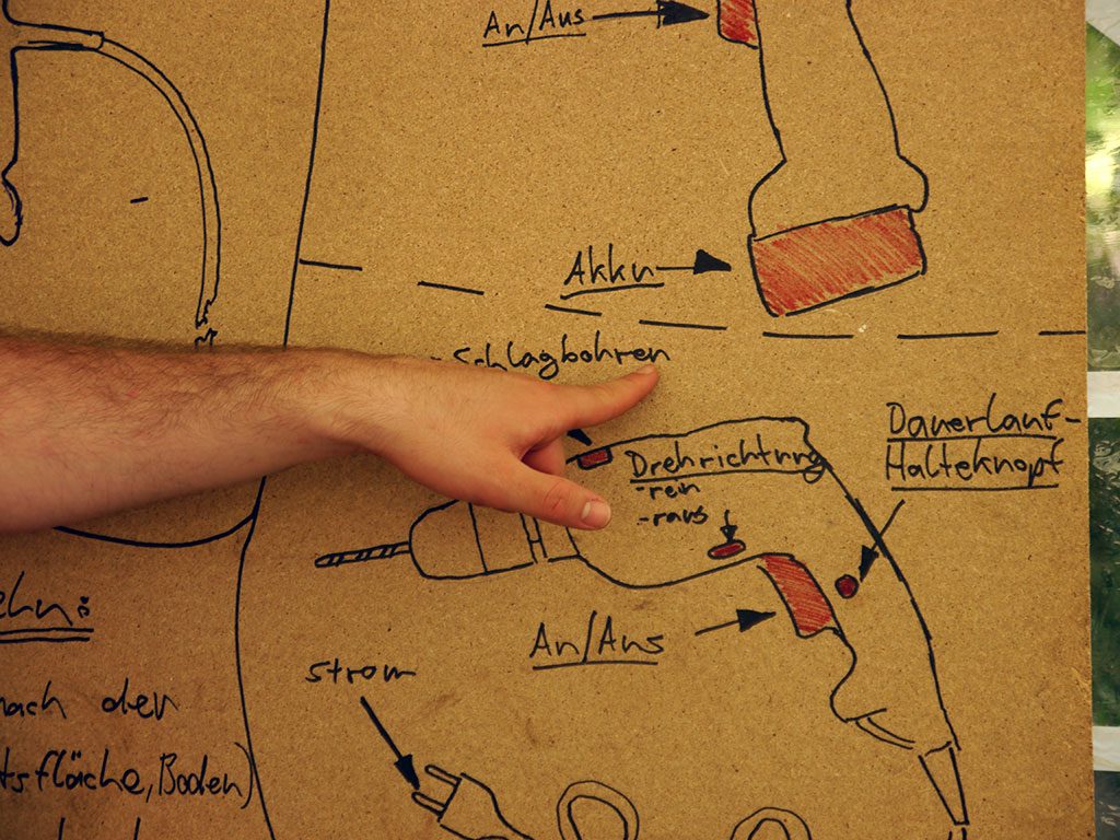 Eine Hand zeigt auf eine Erklärungstafel für den Umgang mit Werkzeug.